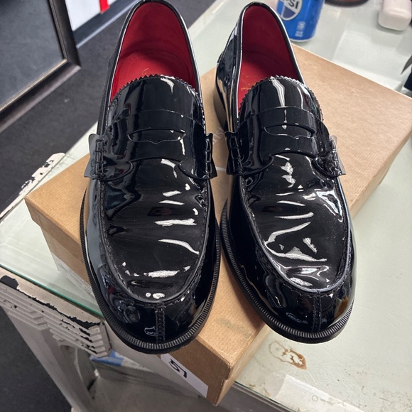 CHRISTIAN LOUBOUTIN Penny Flat Black Patent Leather Loafers SZ 46 Pre Owned Used - Picture 4 of 16